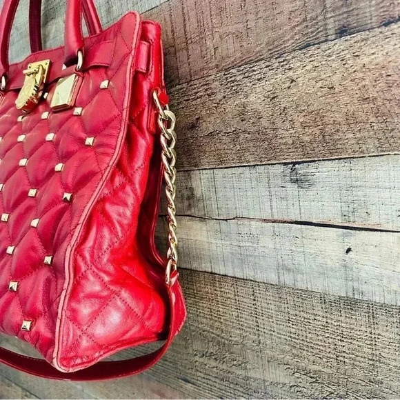 Micheal Kors Rare Red Hamilton Quilted Studded Leather ayote/Satchel Bag - Picture 5 of 12